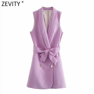 Kvinnor Mode Dubbel Breasted Solid Färg Vestido Vest Dress Office Ladies Casual Slim Bow Sashes Chic Dresses DS4182 210420