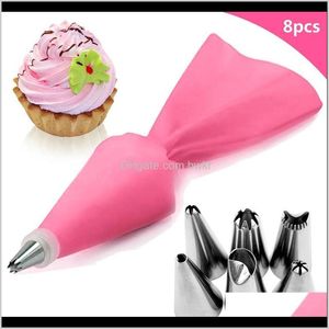 Bakeware Kitchen Dining Bar Home Garden Drop Delivery 2021 8Pcs/Set Sile Icing Piping Bag add 6 Stainless Steel Nozzle Diy Cake Decorating T
