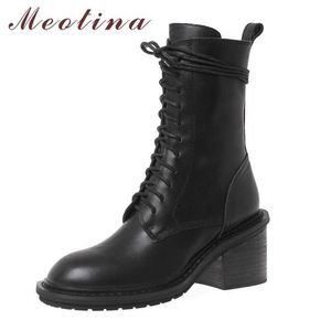 Meotina Motorcycle Boots Women Real Leather High Heel Mid Calf Boots Zip Chunky Heel Shoes Cross Tied Ladies Boots Black Size 40 210608