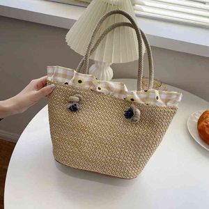 Shoppingkassar Bohemian Style Straw Woven Tygväska Kvinnor Strandväska Sommar Fashion 2021 Handväska Kvinnor Axelväska För Kvinnor Bolsa Feminina 220310