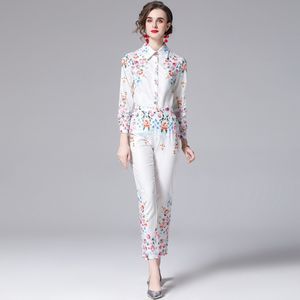 Runway Designer Suit Women's Spring Long Sleeve Turn Down Collar Flower Printing Shirt + Hight Waist Pencil Pants 2 Piece Se 210514