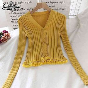 Sweater Women Autumn Winter Knitwear V-neck Single Breasted Lace Stripe Long Sleeve Vintage Cardigan Korean Style 10557 210510