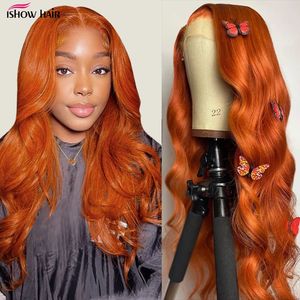 Ishow 14-40INCH HD Genomskinlig spetsfront peruk Human Hair Wigs 13x4 13x6 5x5 4x4 Orange Ginger 350 # Yaki Rak lockigt vatten Lös djupt kroppshuvudband Wig Bangs för kvinnor