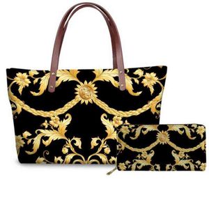 Shopping Bags KUILIU Handbag for Women Golden Baroque Pattern Luxury Print Female Girls Shopper Waterproof Cloth Tote Shoulder 220301