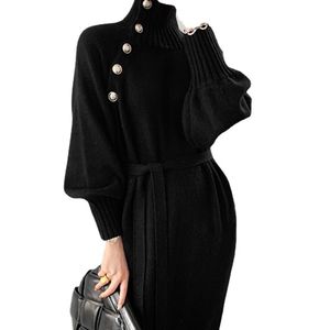 カジュアル ドレス ソリッド ニット セーター ドレス タートルネック フルスリーブ エレガント ボタン フリーサイズ