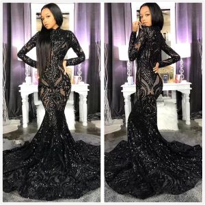 Black Sequins Prom Dresses Long Sleeves Mermaid Floor Length High Neck Custom Made Plus Size Evening Gowns Formal Ocn Wear