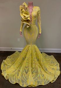 Sparkly Mermaid Prom Dresses 2022 Sheer O-neck Long Sleeve Yellow Sequin African Black Girls Evening Party Gala Gowns