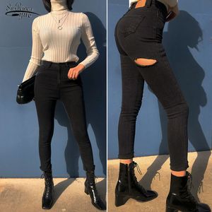 Pantalon Sexy High Waist Tassel Ripped Holes Denim Pants Female Trousers Pencil Jeans Women Skinny Black 10413 210521