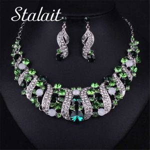 Vintage Geometrische Silber Farbe Halsband Frauen Schmuck Sets Halskette Ohrringe Hochzeit Set Braut Grün Strass Türkischen Schmuck H1022