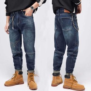 Gata stil mode män jeans retro blå lös passform casual wide ben frayed ripped spliced ​​designer hip hop denim byxor