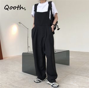 Qooth linne Bomull Bredben Jumpsuit Kvinnor Lösa Solid All-Match Byxor Sommar Kausal Tunnfickor Rompers Overaller Qt629 210518