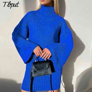 Kadınlar Büyük Pit Çizgili Yarım Yüksek Yaka Örme Mini Elbise 2021 Kadın Zarif Rahat Flared Kollu Katı Düz ​​Kazak Elbise G1214