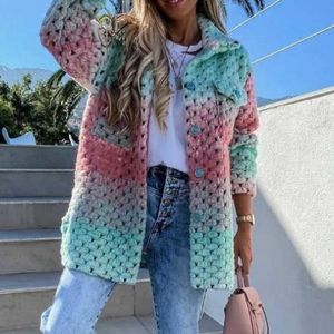 Women Vintage Harajuku Gradient Outerwear Jackets Long Sleeve Turn-down Collar Woolen Casual Female Coat Braid Twist Winter Top 211018