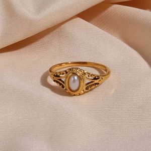 2022 fina 18k banhado a ouro textura oca natural anéis de pérolas de água doce para mulheres anel livre de aço inoxidável