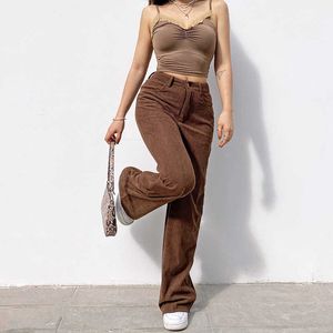 Y2K Damskie Retro Corduroy Casual Spodnie Harajuku Super Duży Brązowy Szeroki Ulica Noga Jogging Prosta Wysoka talia Q0801