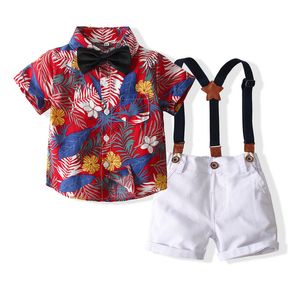 Set di abbigliamento per ragazzo Bretelle Camicia estiva per bambini stampata Pantaloncini 2 pezzi/set Completo per vacanze per bambini