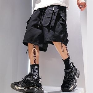 Summer Shorts Cargo Pants Men Joggers Black Stylish Pocket Ribbons Japanese Fashion Streetwear Hip Hop Male Casual 220301