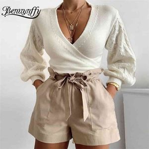 Outono inverno Mulheres Sexy Envoltório De Malha Cardigan Streetwear Lanterna Sleeve Lace Up Cardigans Feminino Colheita Suéteres 210510