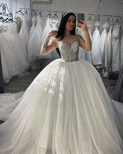 Arabic Aso Ebi Luxurious Plus Size Ball Gown Wedding Dresses Sheer Neck Long Sleeves Beads Tiered Tulle Chapel Train Wedding Dress Bridal Gowns vestido de novia