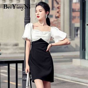 Elegant Mini Dress Women White Black Spell Color Slim Vintage Summer Short Sleeve Dresses Ladies Party Sexy Robes 210506