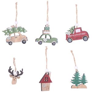 3 PCS/Set Christmas Wooden Hanging Ornaments New Year Xmas Tree Drop Decorations Elk Car House Shape Pendants XBJK2109