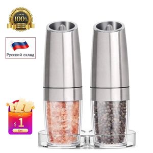 2Pcs Set Electric Pepper Mill Stainless Steel Automatic Gravity Shaker Salt and Grinder Kitchen Spice Tools 210712