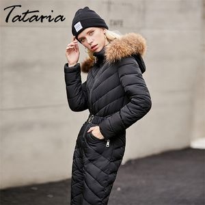 Outwear Kobiety Garnitury narciarskie Down Bawełniane Dresy Wysokiej Jakości Zima Ciepły Długi Płaszcz Kobiet Z Kapturem Kombinezon 210514