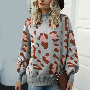 Pullovers Womens Sweater Outono e inverno Camisola de malha Turtleneck Lanterna Lanterna Leopardo Knit Camisola Mulheres Completa 210514