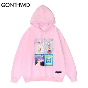 Gonthwid Hip Hop Moletom Com Capuz Streetwear Cão Animal Imprimir Velo Capuz Mens Harajuku Inverno Algodão Pullover Rosa 211106