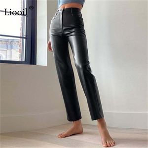 Faux läder rakt ben byxor hög midja höst sexig brun slacks för kvinnor bottnar vintage streetwear byxor vinter 210915