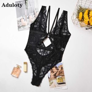 Aduloty Women's Lace Teddy Bodysuit OpenWorkメッシュSee-Strap Braアンダーウェアトーンセクシーパジャマランジェリーセット210623