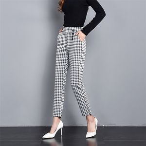 Elegant Plaid Pants Business Casual Women High Waist Trousers Slim Female Pockets Work Wear Office Lady Plus Size 210915