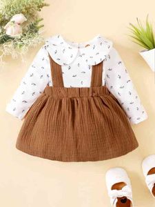 Fábrica de bebê impressão Peter-Pan Collar Bodysuit Corduroy Suspender Saia