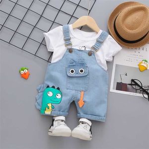 Denim Overaller Kläder Set för Baby Boys O-Neck T-shirt Shorts 2 Stycken / Set Kortärmad Infant Barn Barnkläder 211025