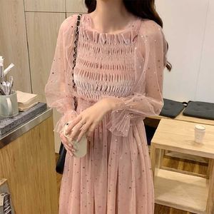 Ins fashion stars sequins mesh ins high waist long sleeve Slash neck female summer chic Korea Harajuku casual dress 210608