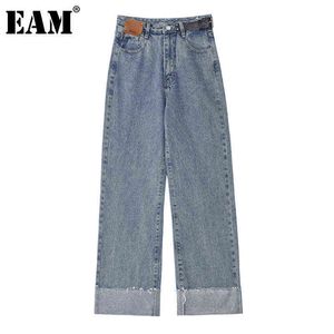 [EAM] Blue Fold Split Joint Long Wide Leg Jeans High Waist Loose Women Trousers Fashion Spring Autumn 1DA192 211129