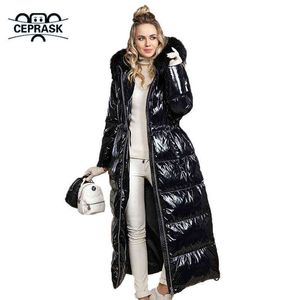 CEprask moda casaco de inverno mulheres x-longa alta qualidade espessa parkas de algodão com capuz outerwear quente faux peles mulher jaqueta 211130