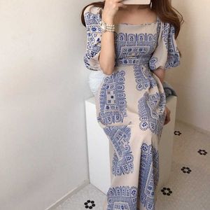 Summer Beach Midi Dress Women Stampa floreale Boho Long Casual Square Neck Sexy Puff Sleeve Party Robe Femme 210529