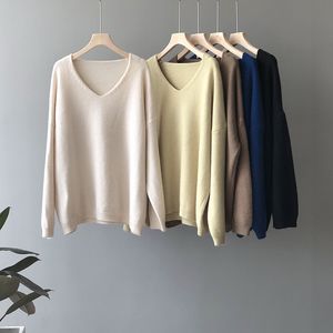 Женский сплошной цвет свитер осень зимний стиль версия негабаритные V шеи пуловер база вязаные топы женские для моды 210520