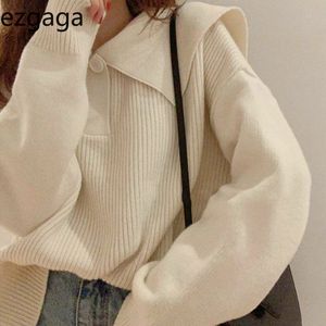 ezgaga sweet sweater pullover 여성 세련된 턴 다운 칼라 버튼 따뜻한 outwear 긴 소매 여성 점퍼 단단한 느슨한 탑 캐주얼 210430