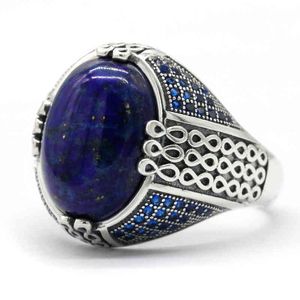 Lapis Lazuli Män 925 Sterling Blue Stone Vintage Stripe Ring Turkiska Thai Silver Smycken För Man Kvinnor Present