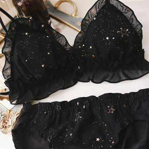 Underwear Starry Women Bra Set Printing Full Lace Triangle Cup Wire Free Lovely Girl Intimates Sexy Bralette Panties Set 211104