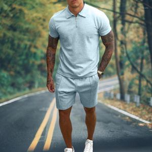 Tracksuits masculinos Zipper camisa de manga curta shorts 2 peças conjunto 2021 verão tracksuit lapela terno cor slim fit roupas