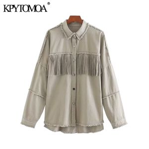 KPYTOMOA Kvinnor Fashion Oversized Frayed With Fringe Denim Jacket Coat Vintage Långärmad Tassel Kvinna Ytterkläder Chic Toppar 211014