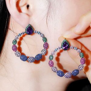 Multi Cubic Zirconia Rainbow Color Big Circle Round Drop Earrings for Women Fashion Bohemian Jewelry CZ738 210714