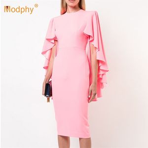 For Summer Women Pink Elegant Ruffle Dress Sexy O-Neck Bodycon Evening Club Party Chic Ladies Dresses 210527