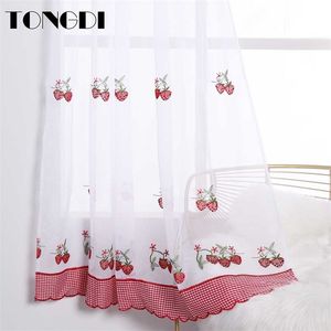 Tongdi Cozinha Cortina Valance Sheer Tiers Pastoral Fruta Café Bordado Decoração Tule para Janela Home Cozinha Sala de jantar 211203