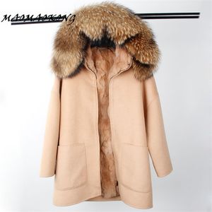 Parka Inverno de lã casaco de caxemira Mulheres Fur Jacket Overcoat Collar com capuz Rex Rabbit Fur forro Top Quality 211110