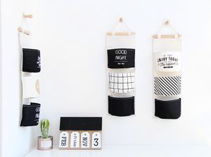 Wholesale white wall storage for sale - Group buy Storage Boxes Bins Black White Pattern Cotton Linen Hanging Bag Pockets Wall Mounted Wardrobe Hang Pouch Cosmetic Toys Organizer