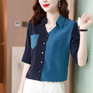 Coreano Chiffon Camisa das Mulheres Blusas para Mulheres Manga Curta Patchwork Camisas Mulheres Tops Polo Pescoço Botão Feminino Ol210604